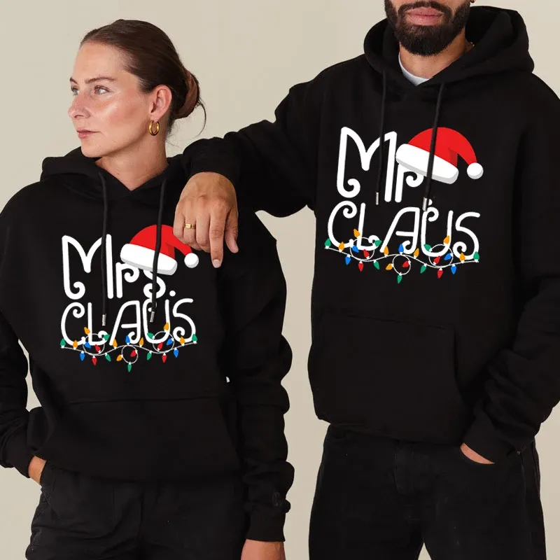 Y2K Natal Hoodies Casal Engraçado Carta Sra/Sr Claus Gráfico Sportswear Outono Manga Comprida Bolso Mulheres Homens Natal_voghion.com
