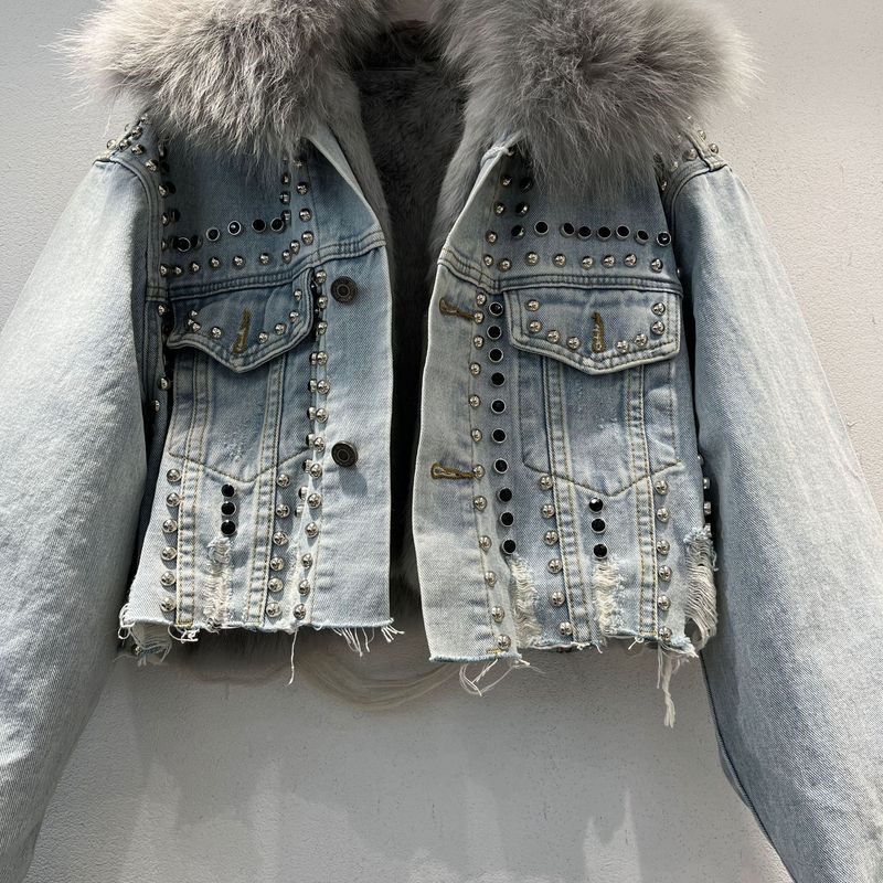 Damen-Parka mit Denim-Fellfutter, herausnehmbarem Kaninchenfellfutter und Fuchspelzkragen – Winterwärme in Hellblau und Schwarz_voghion.com
