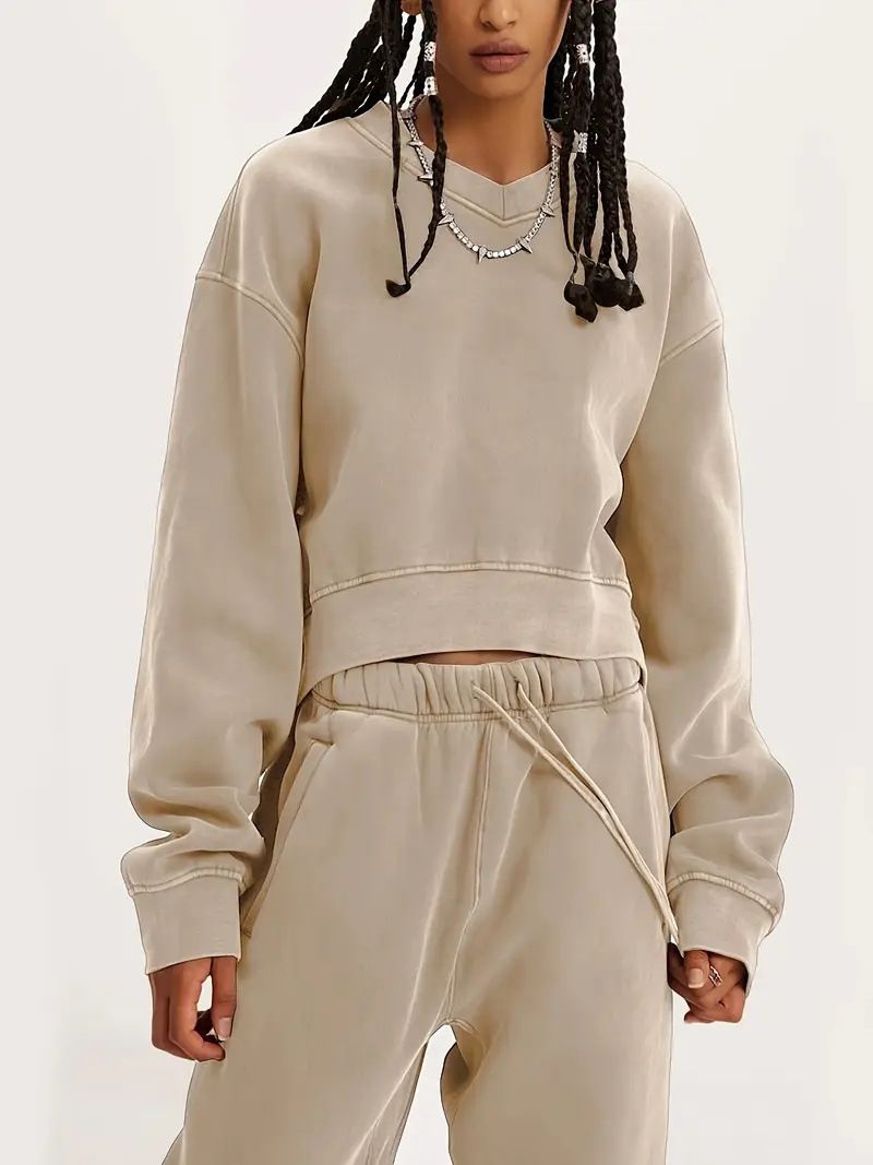 "Women's Pullover Hoodie & Jogger Set – Trendy Solid Color Long-Sleeve Sweatshirt & Matching Pants – Casual Streetwear Outfit_voghion.com
