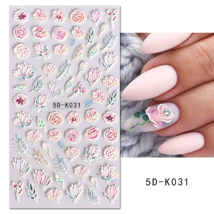 Classy Acrylic Flowers Engraved Nail Sticker Spring Pink Floral Leaf Design Adhesive Sliders Wedding Bride Manicure Decal JI5D-K_voghion.com
