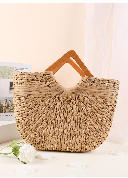 Women’s Bags Diamond Shaped Handle Portable Straw Woven Bag New Style Gold Thread Semi Circular Hand Held Woven Bag Holiday Style Beach Bag Versatile_voghion.com