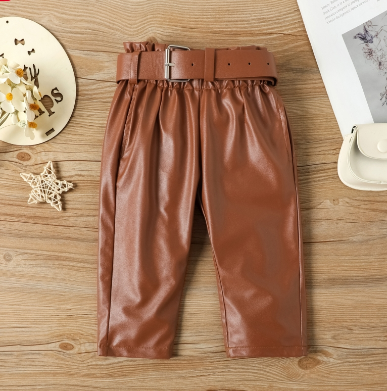 Kinder-PU-Leder-Set – Oberteil mit Puffärmeln und Hose | Koreanisches Mode-Outfit_voghion.com