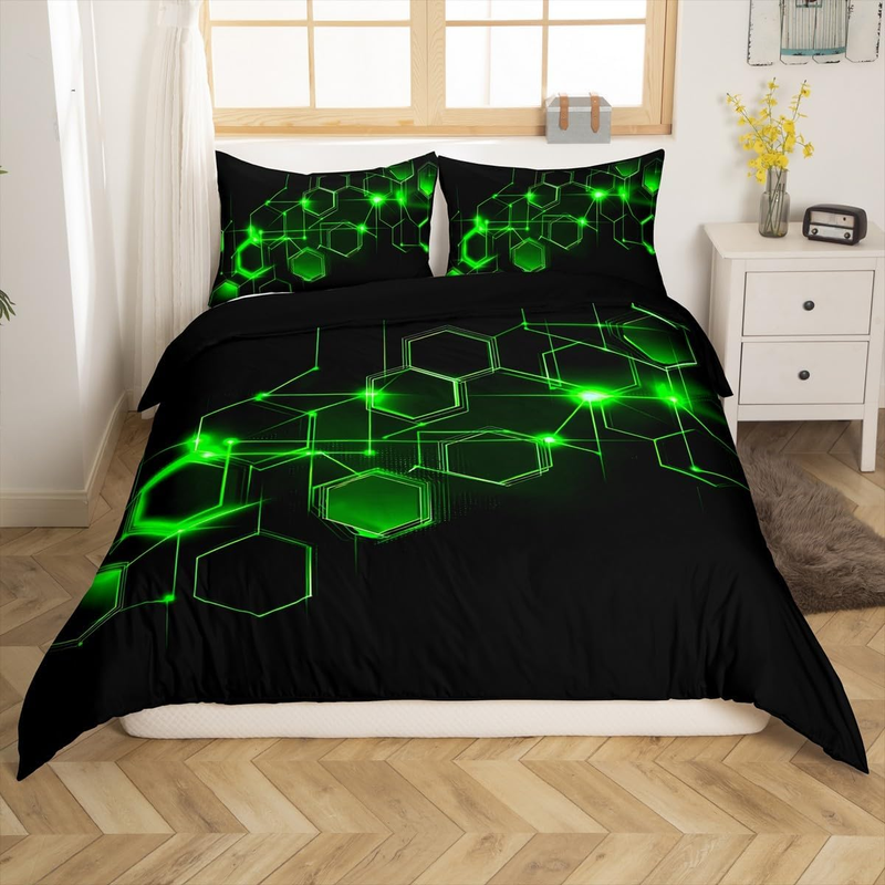 Set copripiumino a nido d'ape matrimoniale per bambini, ragazzi e adolescenti, con motivo esagonale verde, copripiumino geometrico a nido d'ape e 2 federe._voghion.com