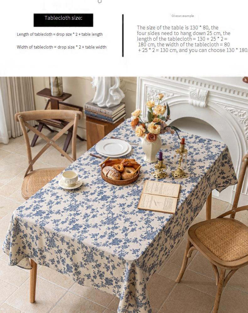 Blue Floral Tablecloth - Cotton Linen Rectangular Cover (Scandinavian Style Vintage Farmhouse Photo Backdrop Dorm Decor)_voghion.com