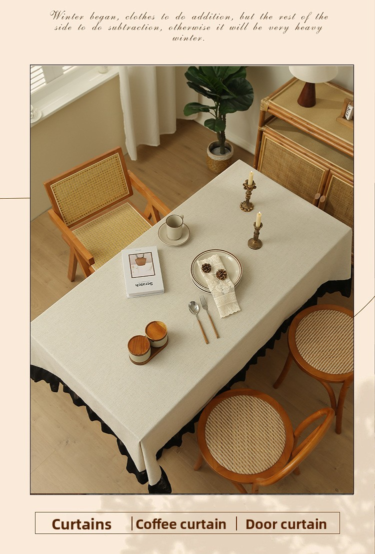 Nappe aspect lin d'inspiration vintage – Housse de table rectangulaire imperméable et antidérapante avec élégante bordure en dentelle – Style campagnard et nouveau style chinois_voghion.com