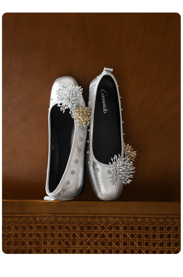 Cameido Women's Eco-Friendly PU Casual Shoes - Square Toe, 1CM Heel, Non-Slip Rubber Sole - Silver & Beige_voghion.com