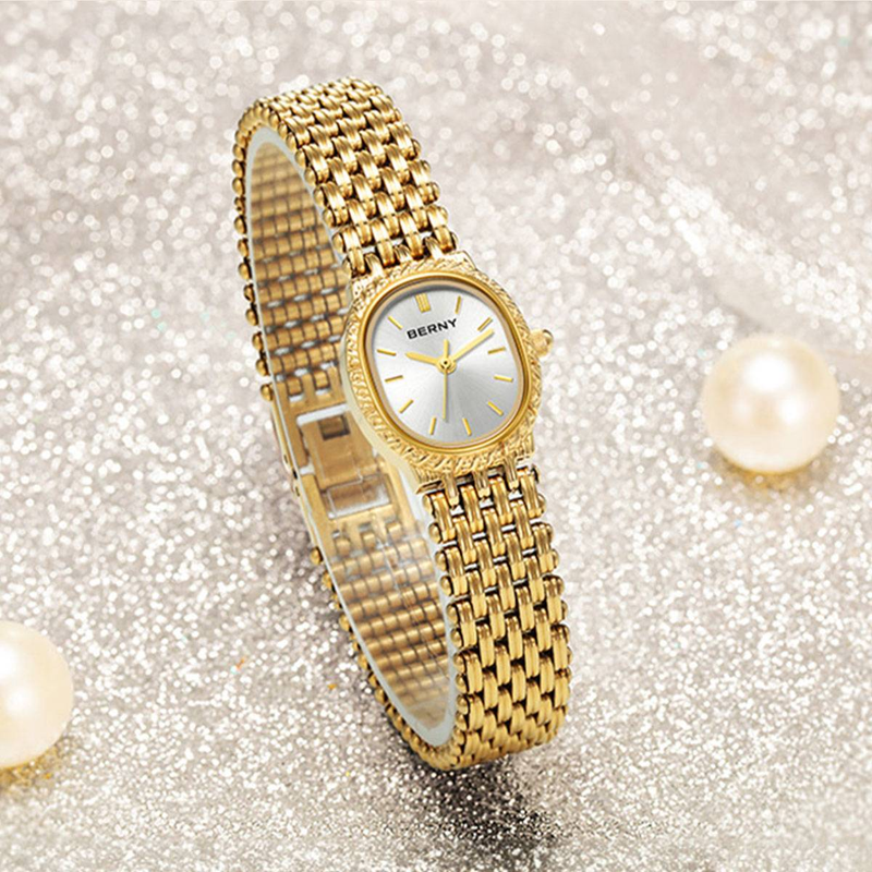 BERNY Small Gold Watches For Women Dainty Luxury Oval Dial Ladies Analog Quartz Bracelet Watch Stainless Steel Waterproof Minimalist Wristwatch_voghion.com