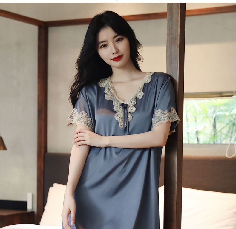 New Pajamas Women's Summer Ice Silk Loose Large Size European And Korean Version Sexy Lace Ice And Snow Silk Short-sleeved Nightdress Loungewear_voghion.com