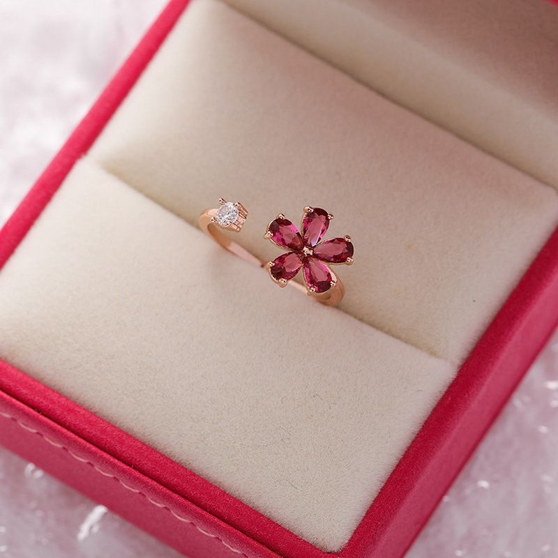 Ring for women high-end feel, slightly inlaid with sweet and versatile love, opening ring, sparkling diamond flower_voghion.com