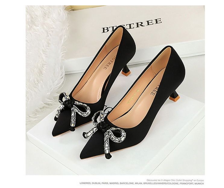 1961-H61 Wind Light Luxury Water Diamond Bow Tip Fine Middle Silk Wine Glass Heel Women's Single Shoe_voghion.com