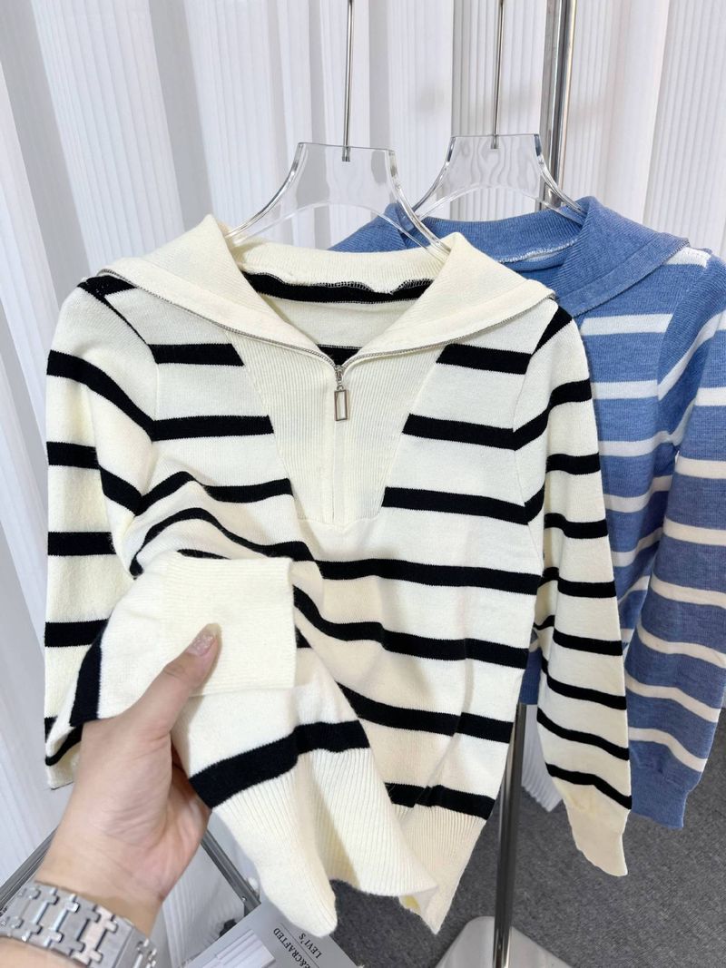 Women's Clothing Zipper Contrast Color Striped Knit Sweater With Zip Collar - Casual Loose Fit Pullover For Autumn Winter, School Style Slimming Top_voghion.com