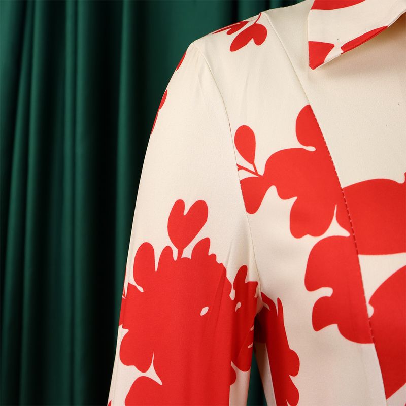 Damen Sommer neues langärmeliges bedrucktes Revers unregelmäßiges lockeres übergroßes Kleid_voghion.com