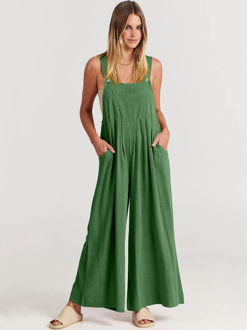 Women's clothing solid color loose casual cotton and linen overalls jumpsuit_voghion.com