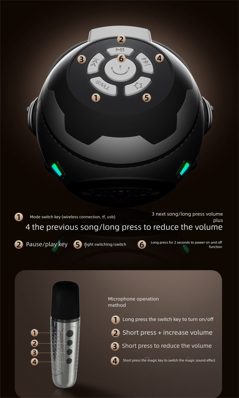 Drahtloses Bluetooth-Mikrofon für Zuhause, Outdoor, KTV, tragbarer Hi-Fi-Singlautsprecher, bunte Neonlichter_voghion.com