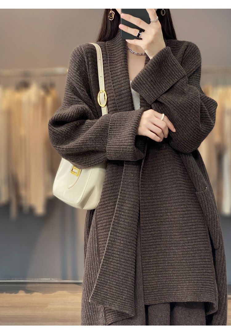 Women's Long Knit Sweater – Oversized Wrap Style (One Size, Gray/Taupe/Camel/Brown,Thick Ribbed Texture, Office-to-Outing Versatility)_voghion.com