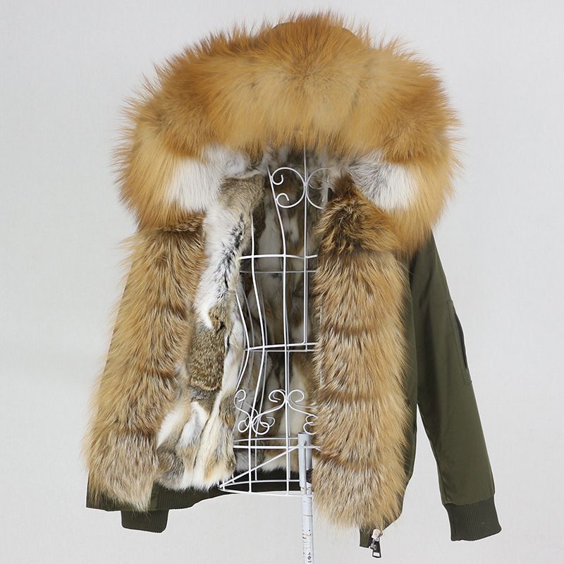 Damenbekleidung Parka im neuen Stil mit dickem Kaninchenfellfutter, abnehmbarem Kragen aus echtem Fuchspelz, Jacke, Pelzmantel für Damen_voghion.com