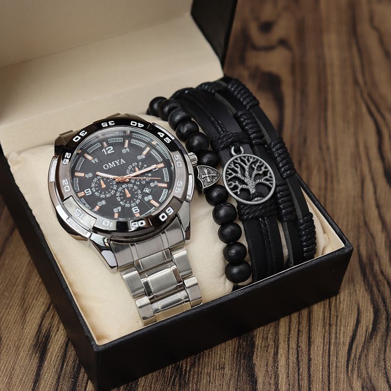 Wasserdichte Herrenuhr Geschenkbox-Set Armband Kalender Quarz Drehgehäuse Edelstahlarmband_voghion.com