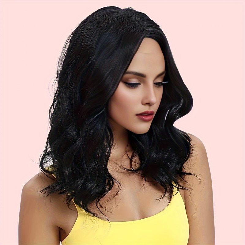 Perruque femme cheveux mi-longs avec frange et cheveux longs bouclés mécanisme coiffure en fibre chimique_voghion.com