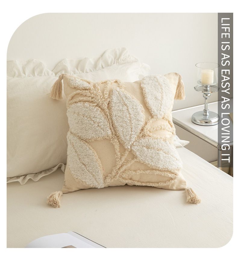 Federa per cuscino con motivo a foglie nordiche - Federa per cuscino in misto lino 45x45 cm per divano/letto (verde/beige) - Opzioni ricamo e pois trapuntati_voghion.com