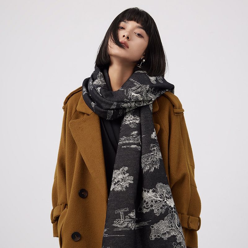 Jacquard Paesaggio Dipinto Cashmere Per Ufficio Donna Aria Condizionata Stanza Spessa E Calda Lunga Sciarpa Alla Moda_voghion.com