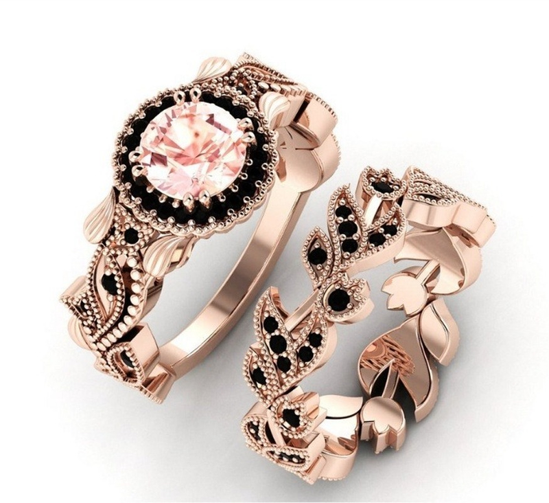 Mode 2 Teile/satz Exquisite Rose Gold Farbe Schwarz Zirkon Vintage wer Reben Intarsien mit Champagner Steine Hochzeit Ring Set_voghion.com