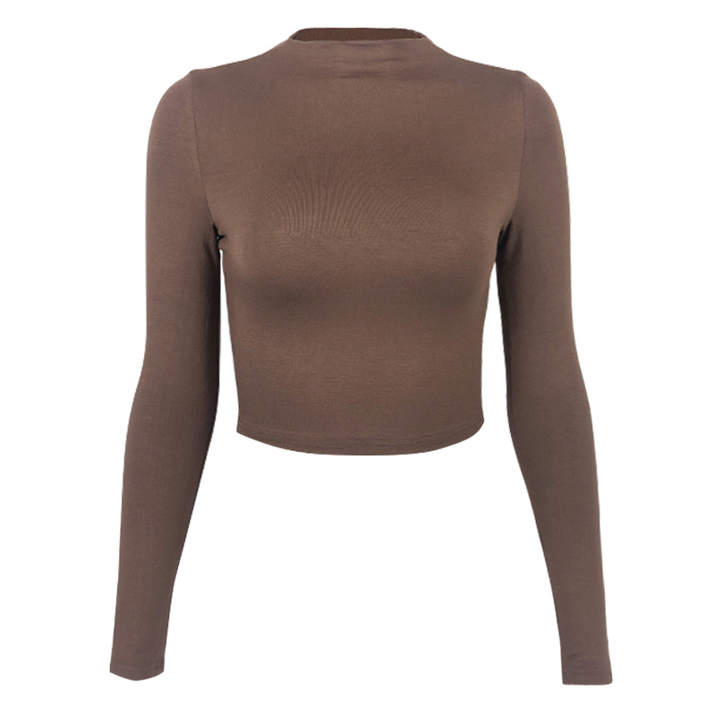 Maglietta da donna a tinta unita sexy attillata senza collo a maniche lunghe con collo a mezza altezza_voghion.com