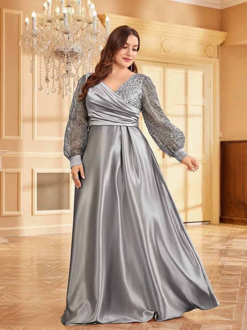 Elegant Plus Size Satin V-Neck Long Sleeve Evening Dress With Sequins, Formal Gown For Women, Available In Green & Navy Blue_voghion.com