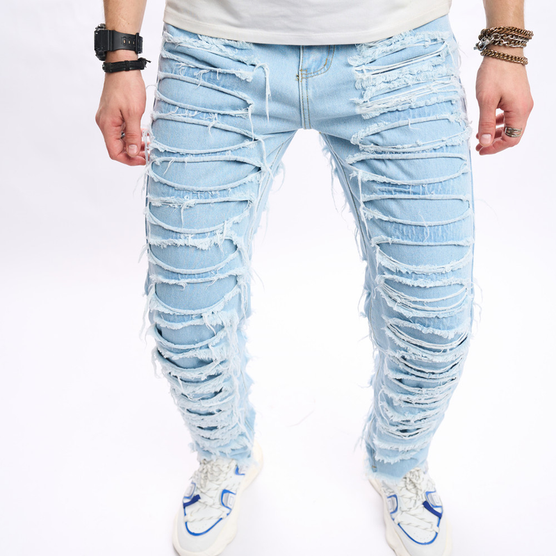 2024 Heren minimalistische effen kleur distressed tight fitting jeans heren casual small leg denim broek_voghion.com