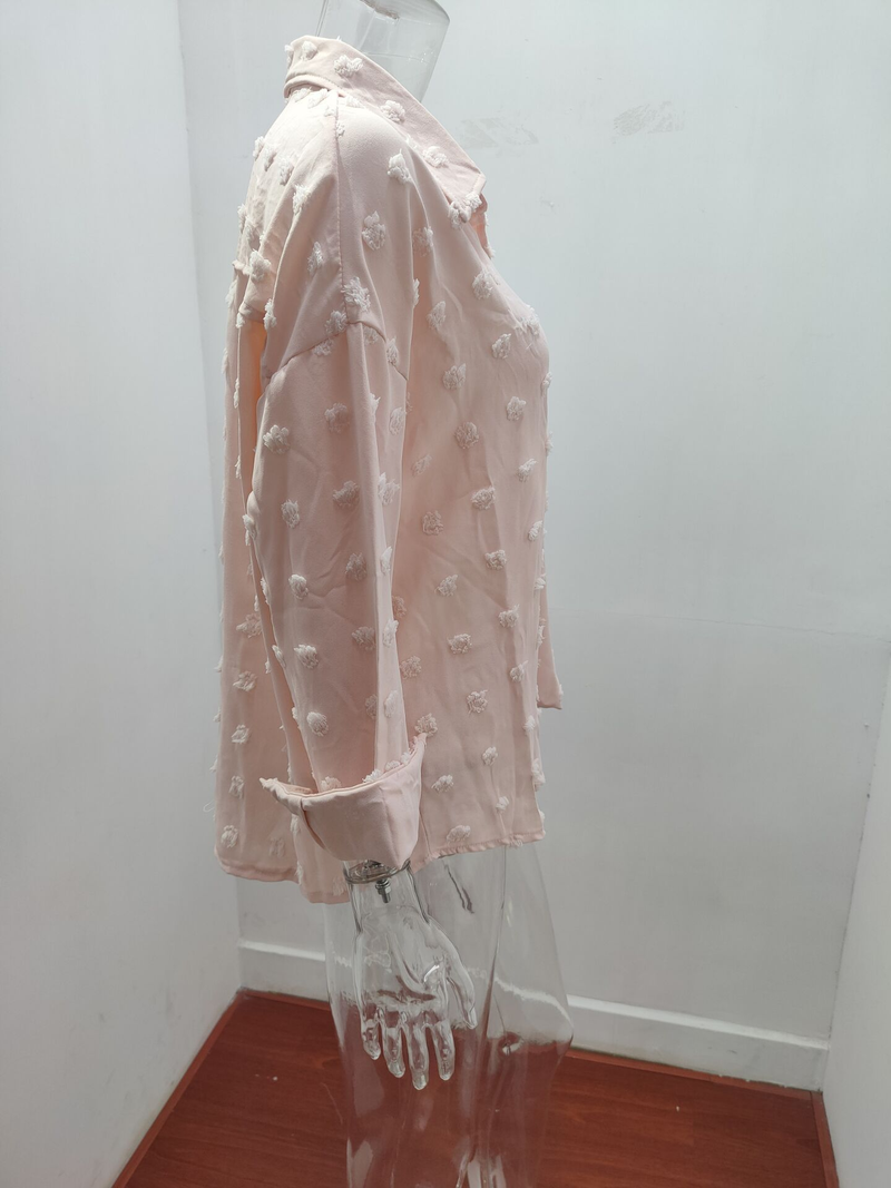 Dameklær Ensfarget chiffon-skjorte med jacquard-polokrage og lange ermer og løse knapper i cardigan-topp_voghion.com