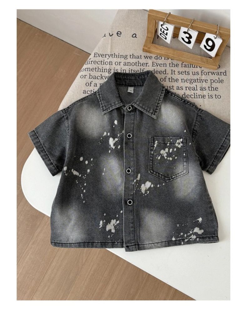 Giacca per bambini, abito in denim con schizzi di vernice per bambini, maniche corte e pantaloncini_voghion.com