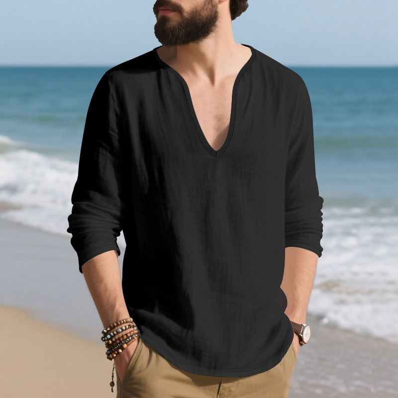 Maglietta a maniche lunghe da uomo in lino, casual, traspirante, con scollo a V, taglia grande, nuova collezione autunno-inverno_voghion.com