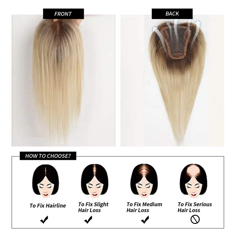 Topper per capelli umani Remy al 100% per donne, con riga centrale, pezzi di capelli umani biondi ombré con capelli diradati_voghion.com