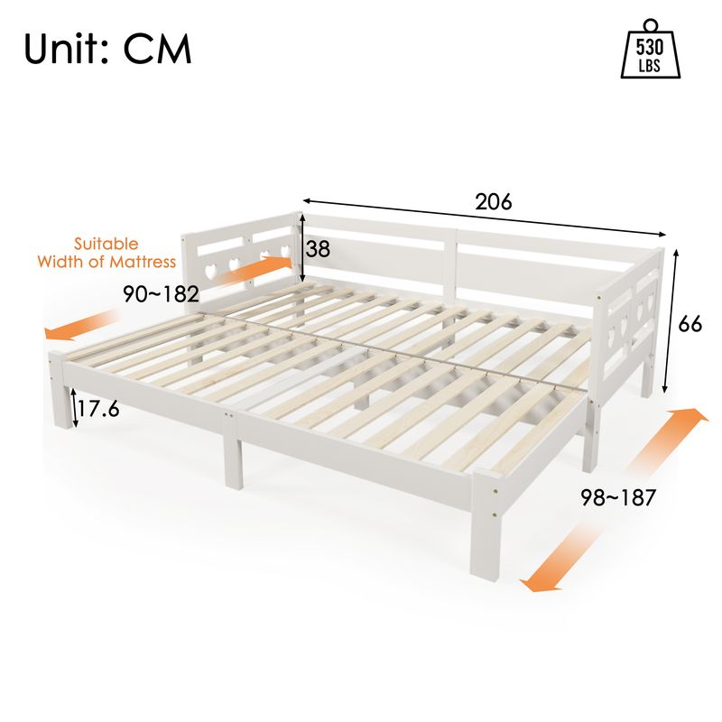 Tagesbett 90x200cm Ausziehbar, Massivkiefer, Mit Rollrost Herzform, Weiß_voghion.com