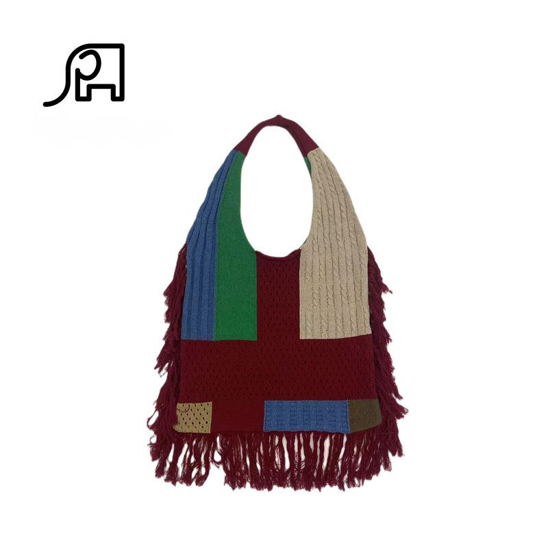 New Cross Border Tassel Women's Splicing Knitted Handheld Shoulder Bag Hot Selling Simple And Versatile Retro Knitted Bag_voghion.com
