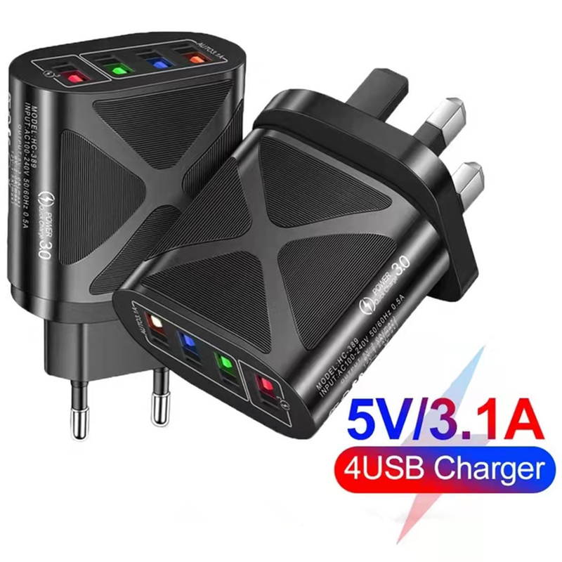 Chargeur de téléphone portable Music Festival Luminous 4USB Tête de charge de voyage 3A Chargeurs standards américains, européens et britanniques_voghion.com