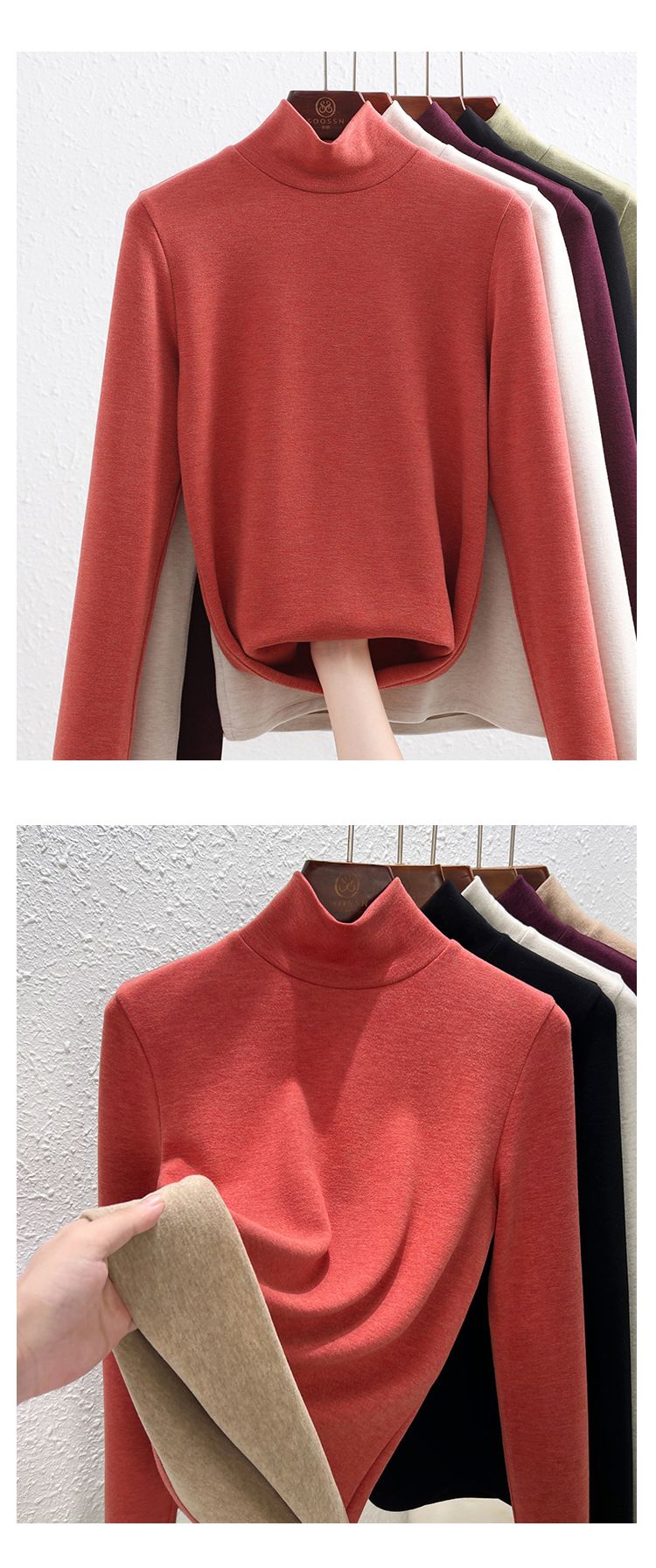 Haut à col roulé thermique en cachemire et soie pour femme - Doublure polaire douce - Manches longues chaudes pour l'hiver (options col haut/milieu/montant)_voghion.com
