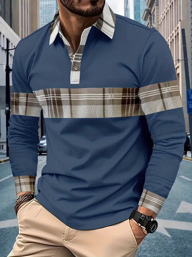 Suitable For All Seasons 2024 New Men's Casual Polo Shirt Color Block Plaid Button Waffle Print Long Sleeve_voghion.com