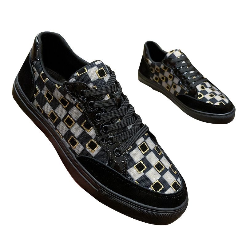 Nuove scarpe da uomo in pelle traspirante a scacchi bianchi e neri per la primavera 2023, scarpe da tavola casual alla moda con lacci per giovani_voghion.com
