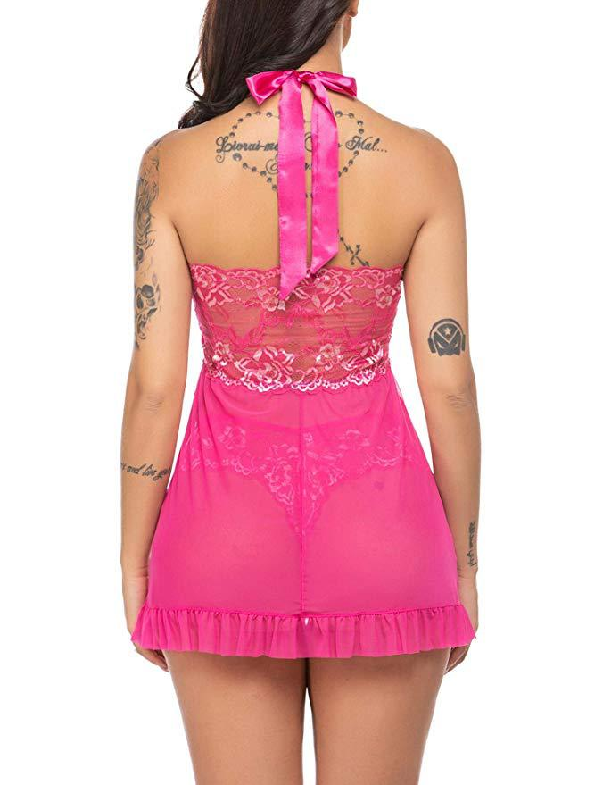 Sexy Dessous Plus Size Spitze Patchwork Mesh Transparent Neckholder Schleife Ultrakurzes Nachthemd_voghion.com