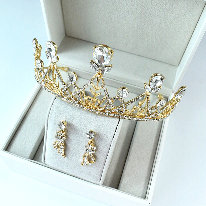 New hot selling bridal crown earrings set diamond birthday crown handmade beaded tiara hair accessories wedding accessories_voghion.com
