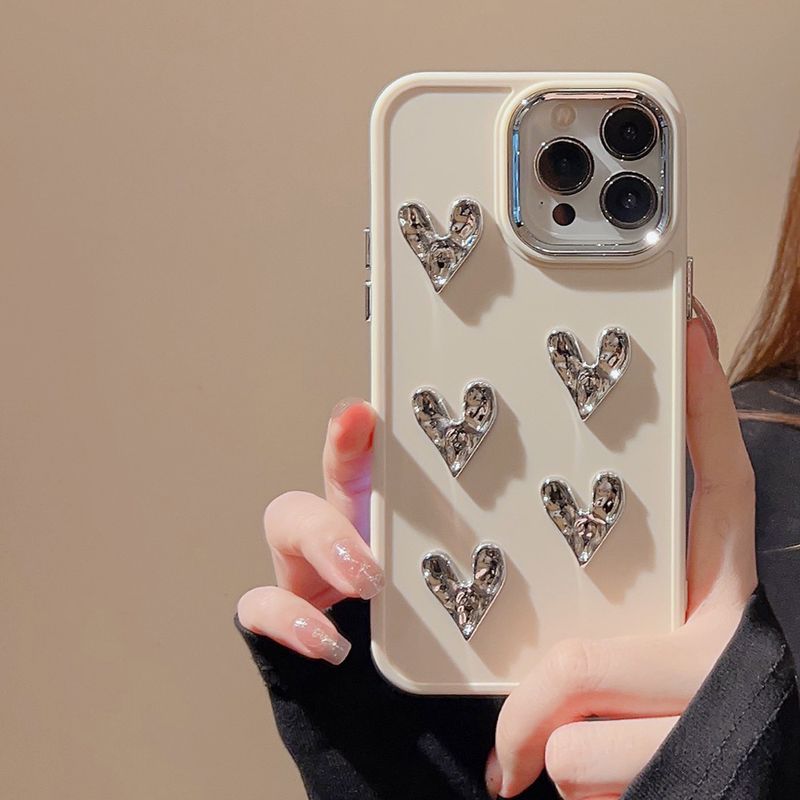 Galvanisiertes silbernes kleines Liebesherz, geeignet für iPhone 14 Apple 13 Promax Handyhülle 12 dreidimensionale 11 Anti-Fall-Softshell für Frauen_voghion.com