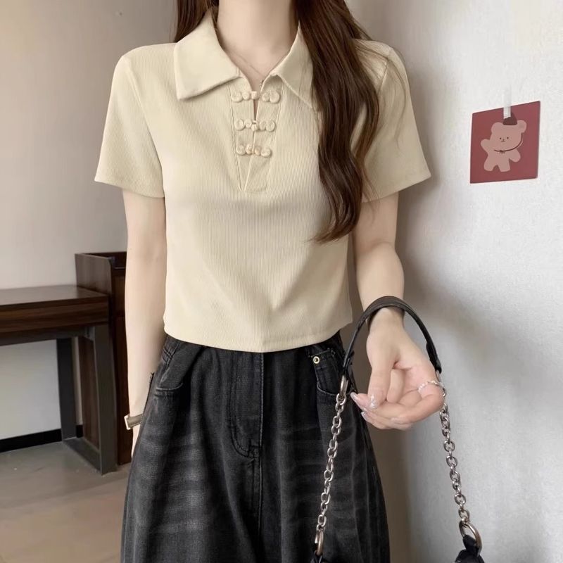 New buckle Chinese style sleeved T-shirt for women in summer 2024, covering the belly and showing off thinness, short_voghion.com