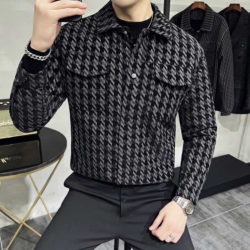 Spring Haute Couture Thousand Bird Plaid Fashionable Striped Slim Fit Leather Jacket, Business Casual Men's Top_voghion.com