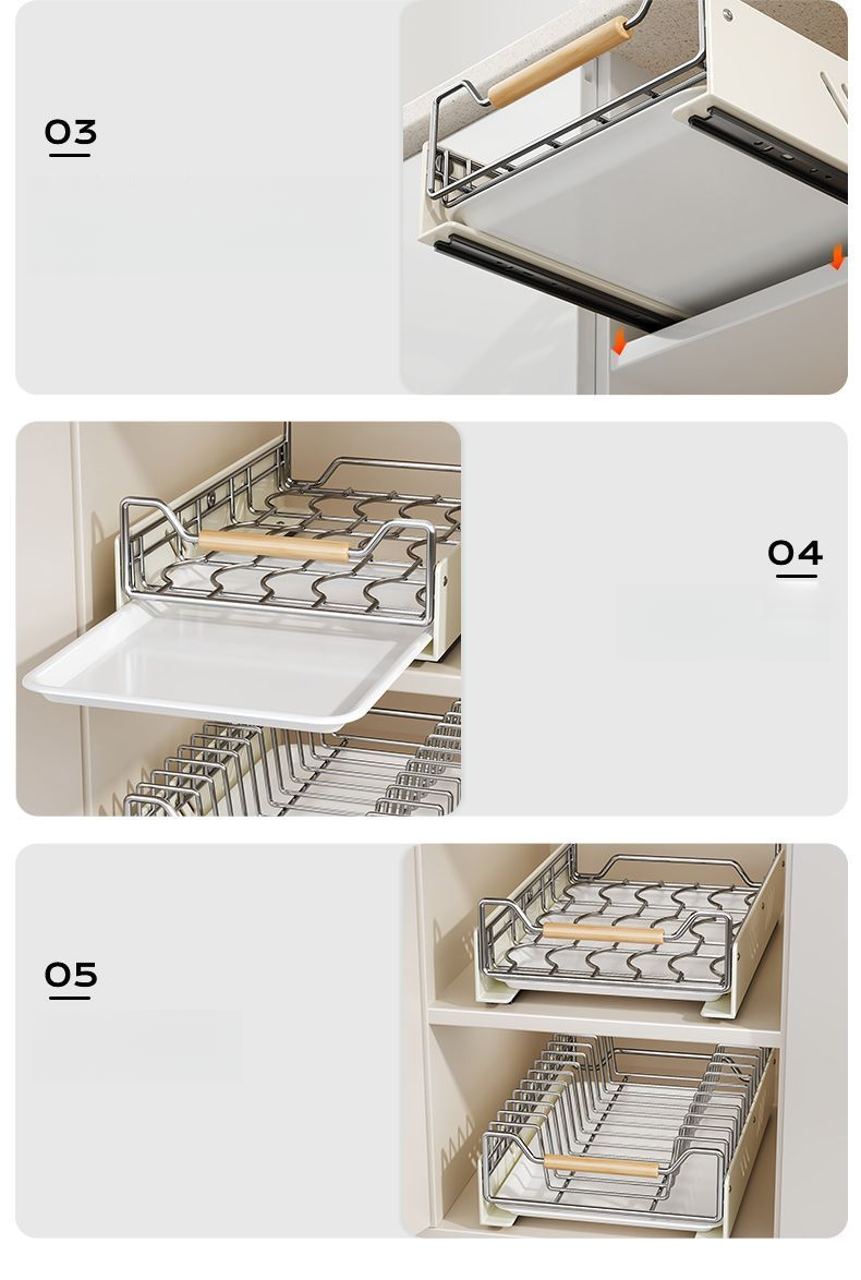 Armoire de cuisine coulissante en acier inoxydable avec rangement intégré sous l'évier, tiroir, égouttoir à assiettes_voghion.com