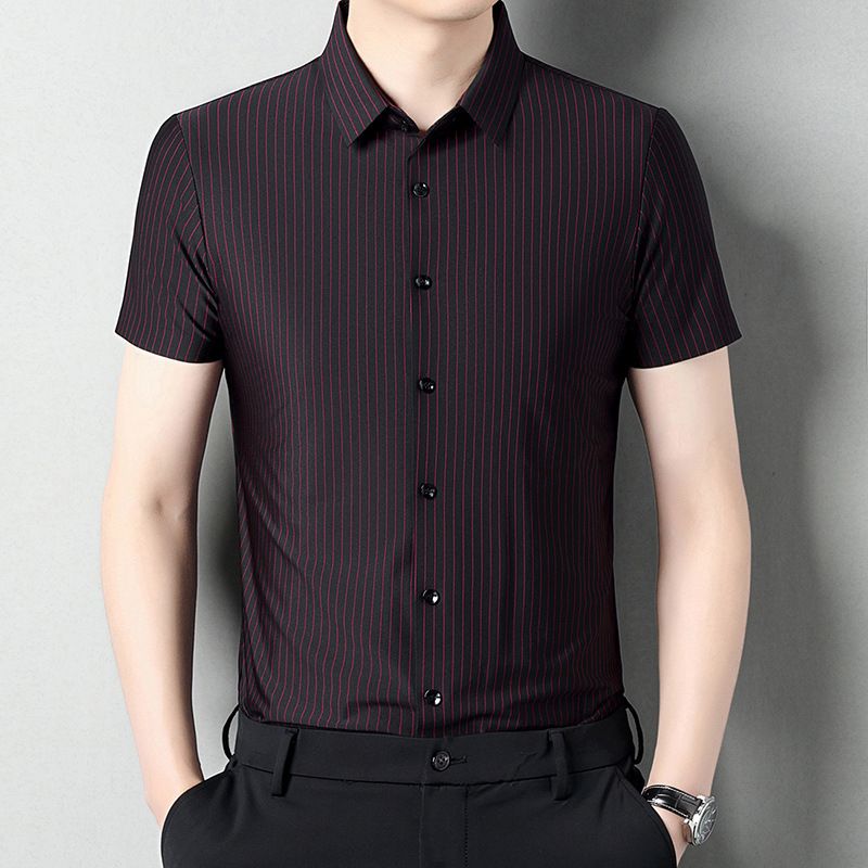 Camicia da uomo CT Ice Silk elasticizzata a maniche corte, estiva, casual, da lavoro, con stampa a righe sottili_voghion.com
