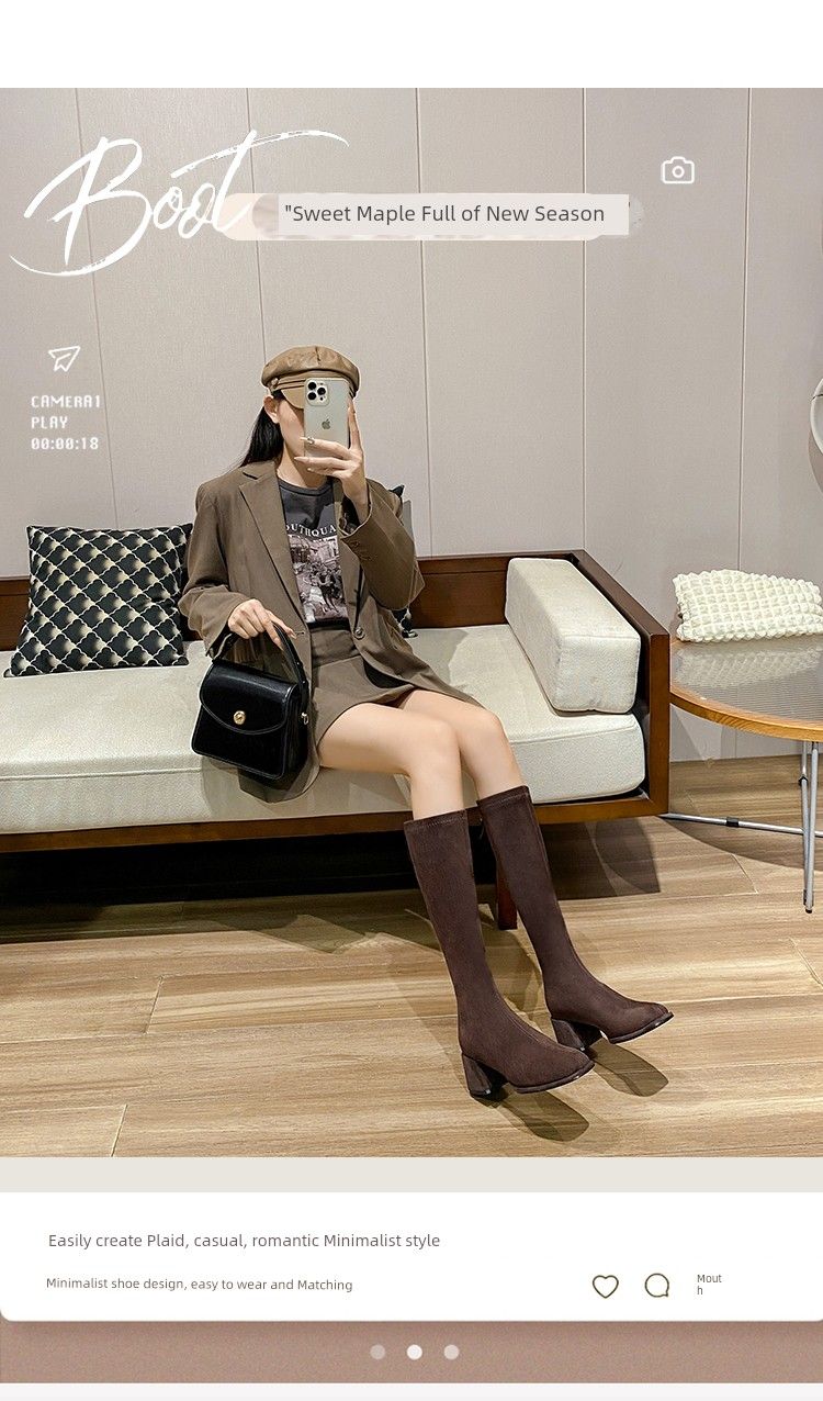 below The Knee Suede High Heel Square Head Shorty Long Boots_voghion.com