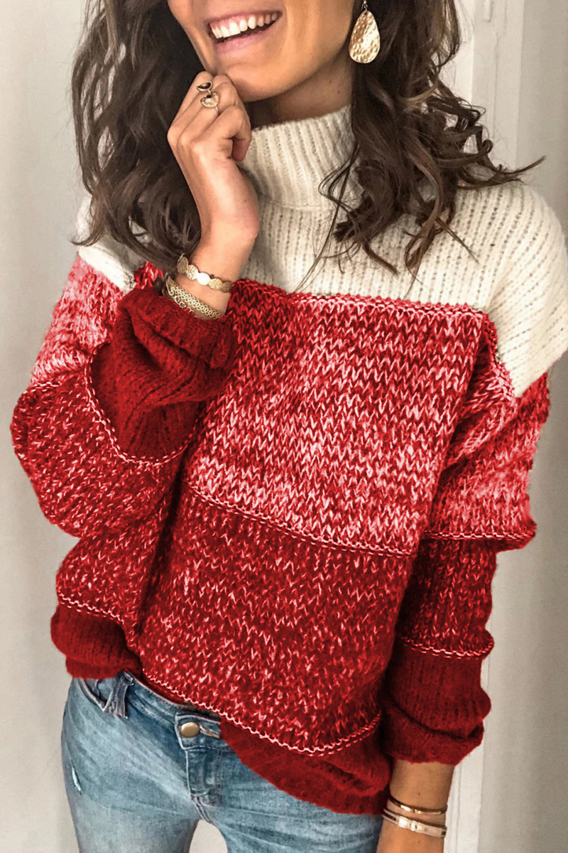 Damen-Strickpullover mit lässigem Oberteil in verschiedenen Farben, gestreiften Nähten und hohem Kragen in Kontrastfarbe_voghion.com