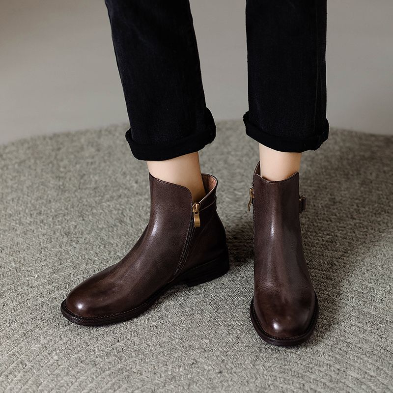 Retro Runde Zehe Echte Gürtelschnalle Herbst Und Winter Neue Ankunft Seitlicher Reißverschluss Dicker Niedriger Absatz Stiefeletten Damen_voghion.com
