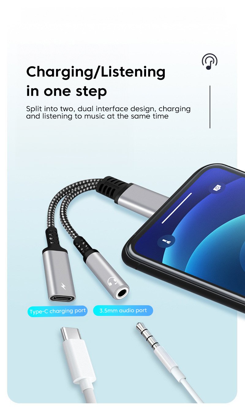 USB C - 3,5 mm kuulokeliitäntäsovitin PD60W pikalatauskaapeli audioavustinsovitin iPad Prolle Samsung S20_voghion.com