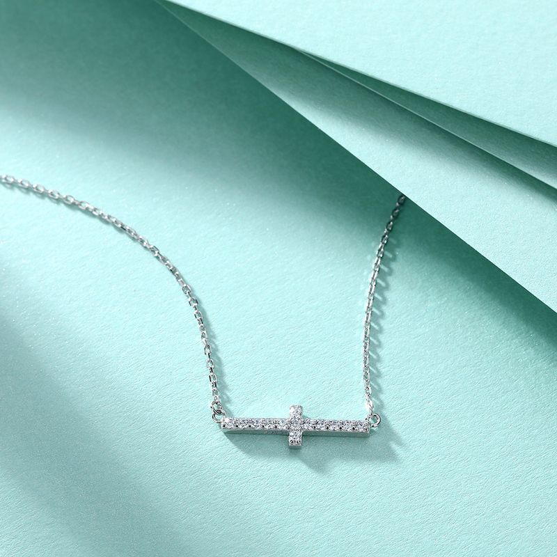 Collana con croce alla moda per donna, versatile, ciondolo in argento puro con zirconi intarsiati, catena per clavicola da donna_voghion.com